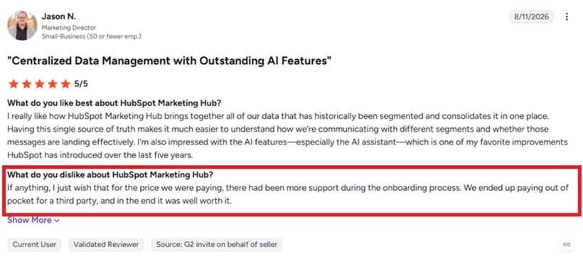 HubSpot Marketing Hub review discussing data consolidation and AI features.